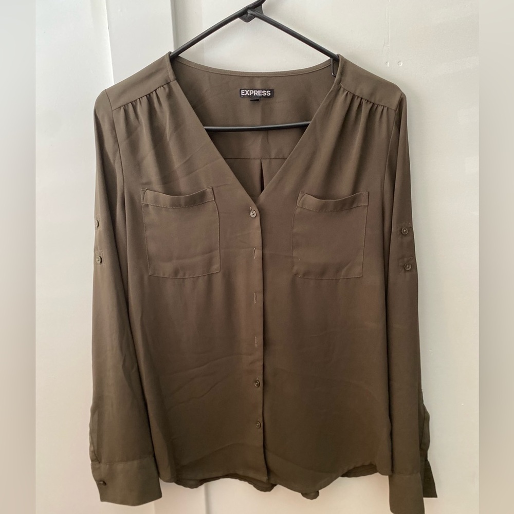EXPRESS Portofino Convertible Sleeve Button Down, green, small